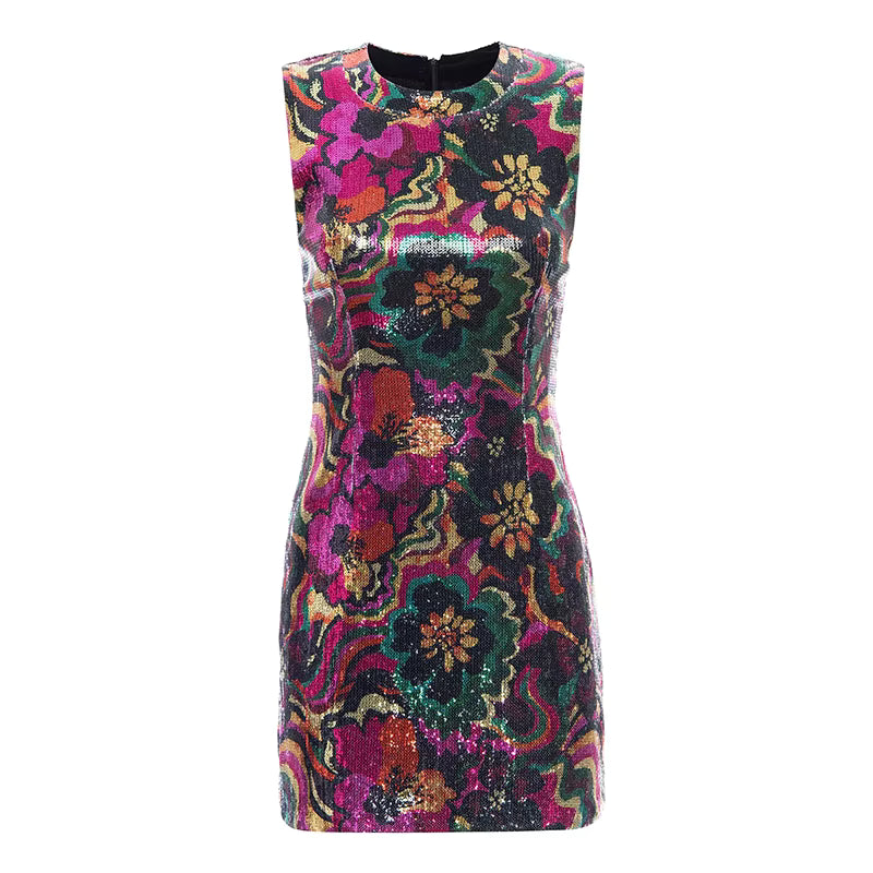 Elegant Sequin Dress for Women - Full Floral Sequin Mini Dress, Sleeveless Bodycon Mini Dress, Casual Party