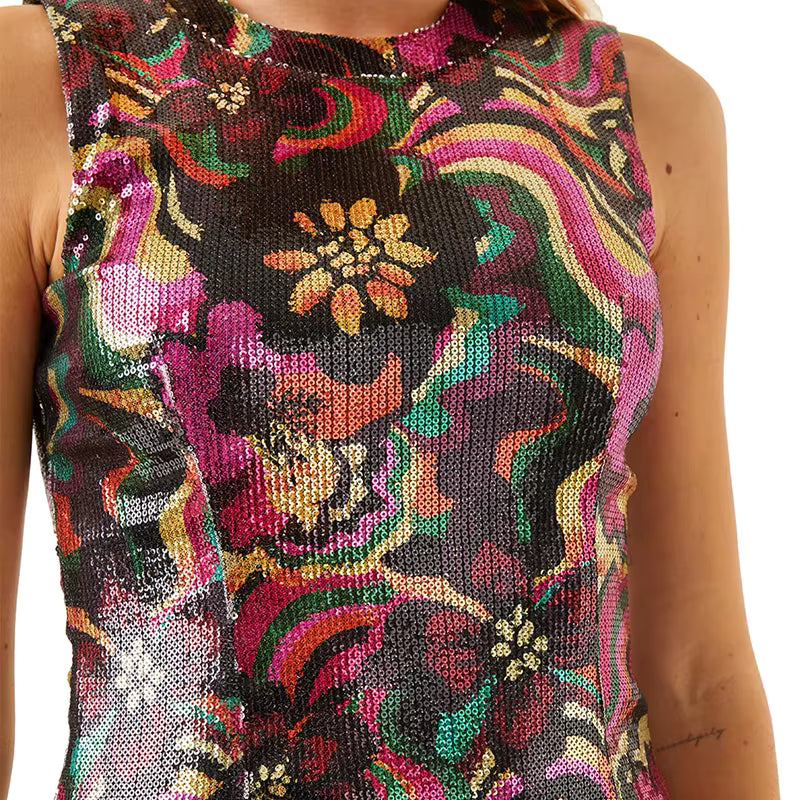 Elegant Sequin Dress for Women - Full Floral Sequin Mini Dress, Sleeveless Bodycon Mini Dress, Casual Party