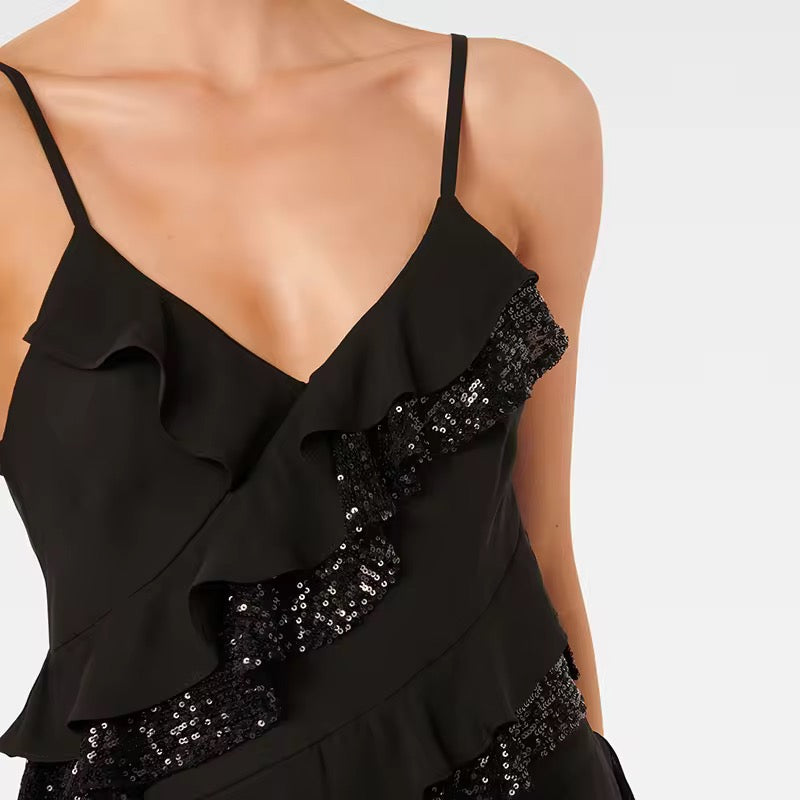 Midnight dress -Embracing the dark side.🖤🌌  V-Neck Chiffon Sequin Dress for Women
