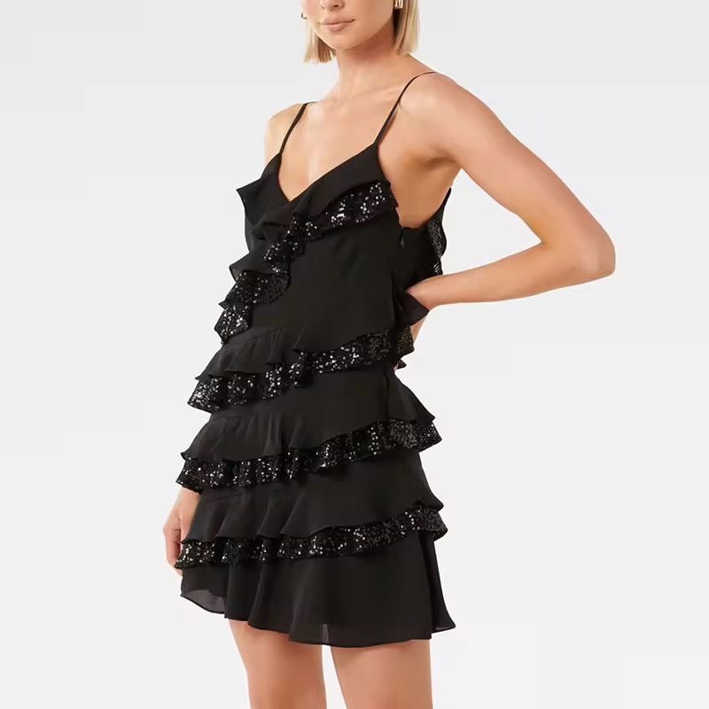 Midnight dress -Embracing the dark side.🖤🌌  V-Neck Chiffon Sequin Dress for Women