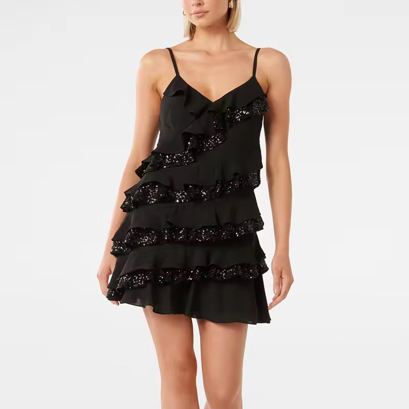 Midnight dress -Embracing the dark side.🖤🌌  V-Neck Chiffon Sequin Dress for Women
