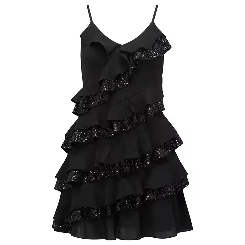 Midnight dress -Embracing the dark side.🖤🌌  V-Neck Chiffon Sequin Dress for Women