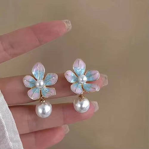 Lovely Sweet Drop Oil Flower Pearl Earrings Temperament Stud Earrings Enamel Pink Blue Petal Heart Shape Trendy Jewelry Gift