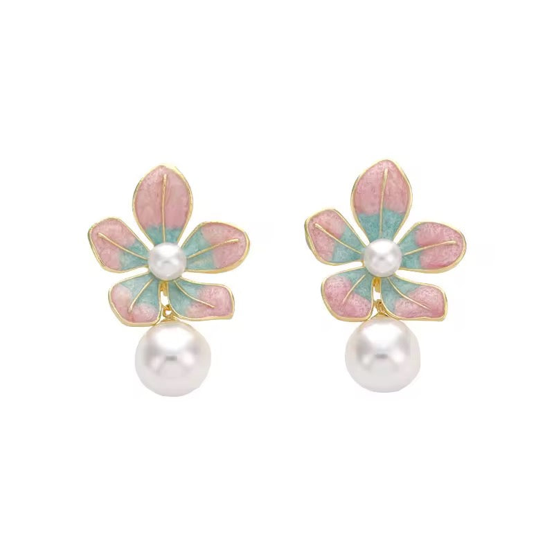 Lovely Sweet Drop Oil Flower Pearl Earrings Temperament Stud Earrings Enamel Pink Blue Petal Heart Shape Trendy Jewelry Gift