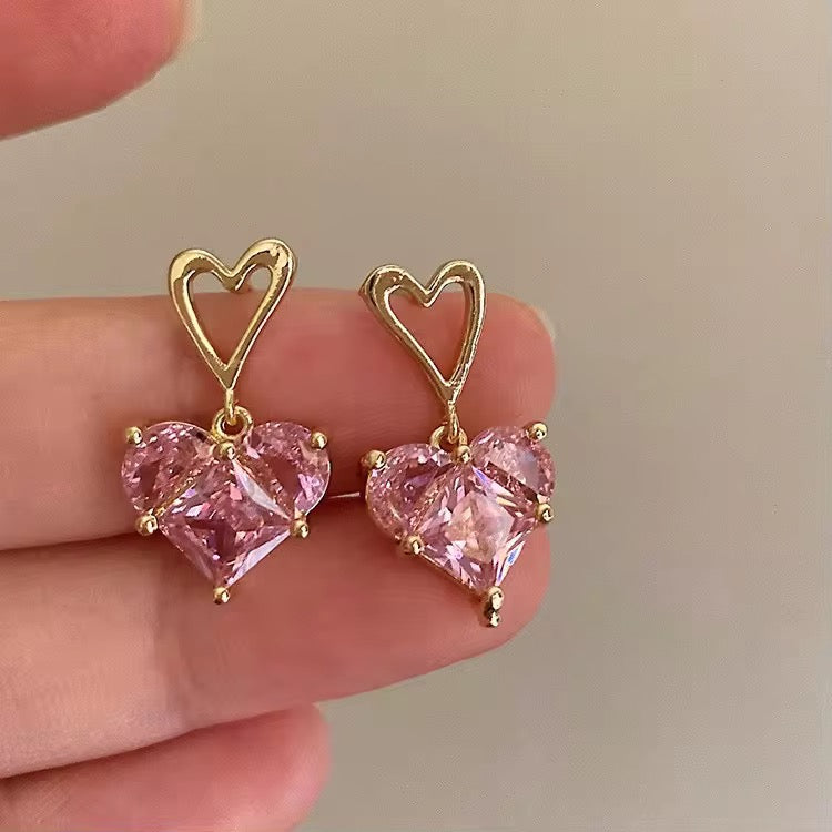 Sweet Style Dazzling Heart Design Pink Love Zircon Earring for Women Gold Plated Stud Earrings