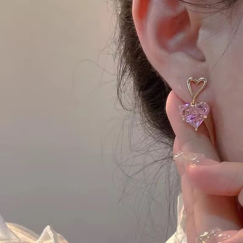 Sweet Style Dazzling Heart Design Pink Love Zircon Earring for Women Gold Plated Stud Earrings
