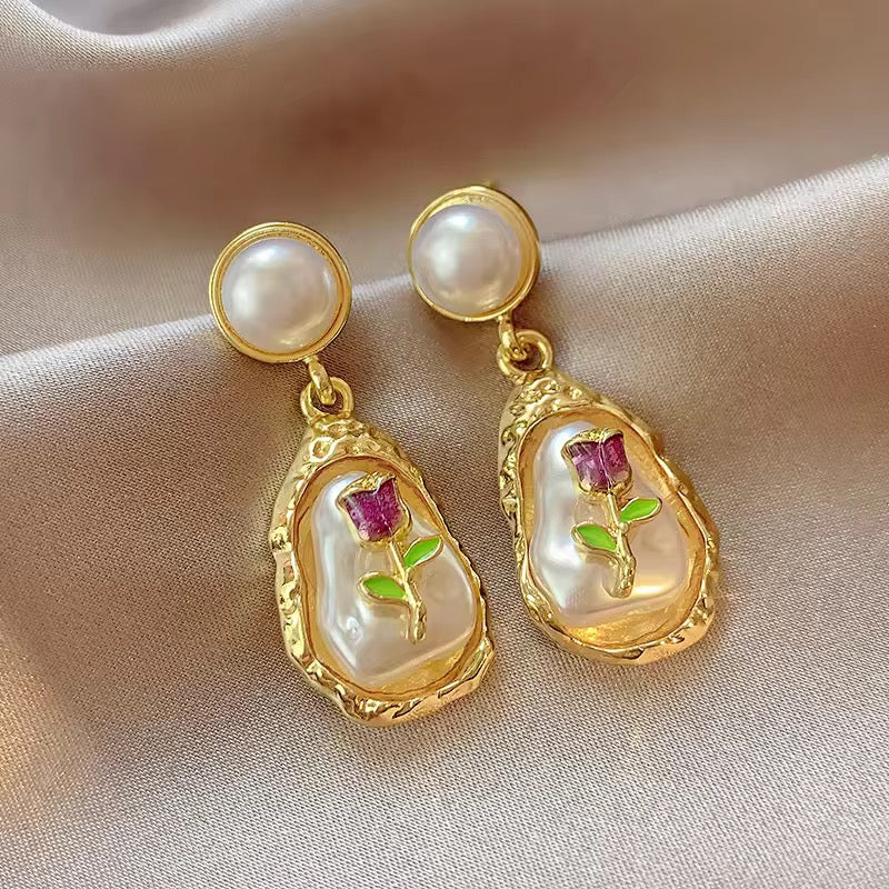 Vintage Flower Oil Painting Style Oval Enamel Baroque Pearl Earrings 2025 Hot Selling Women's Unique Drop Earrings