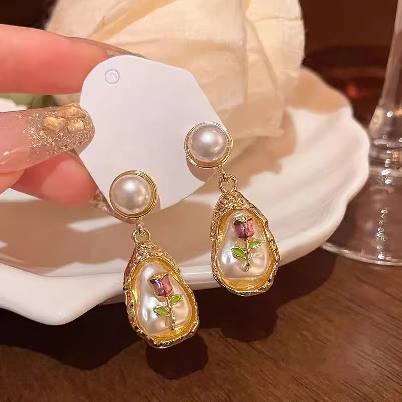 Vintage Flower Oil Painting Style Oval Enamel Baroque Pearl Earrings 2025 Hot Selling Women's Unique Drop Earrings