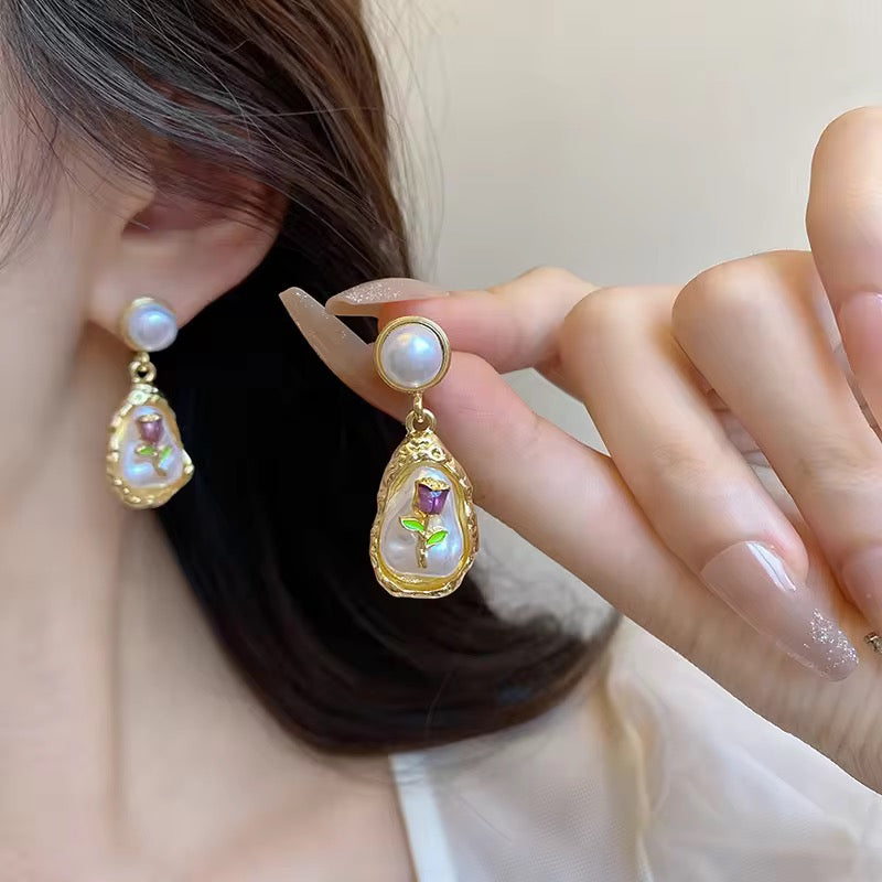 Vintage Flower Oil Painting Style Oval Enamel Baroque Pearl Earrings 2025 Hot Selling Women's Unique Drop Earrings