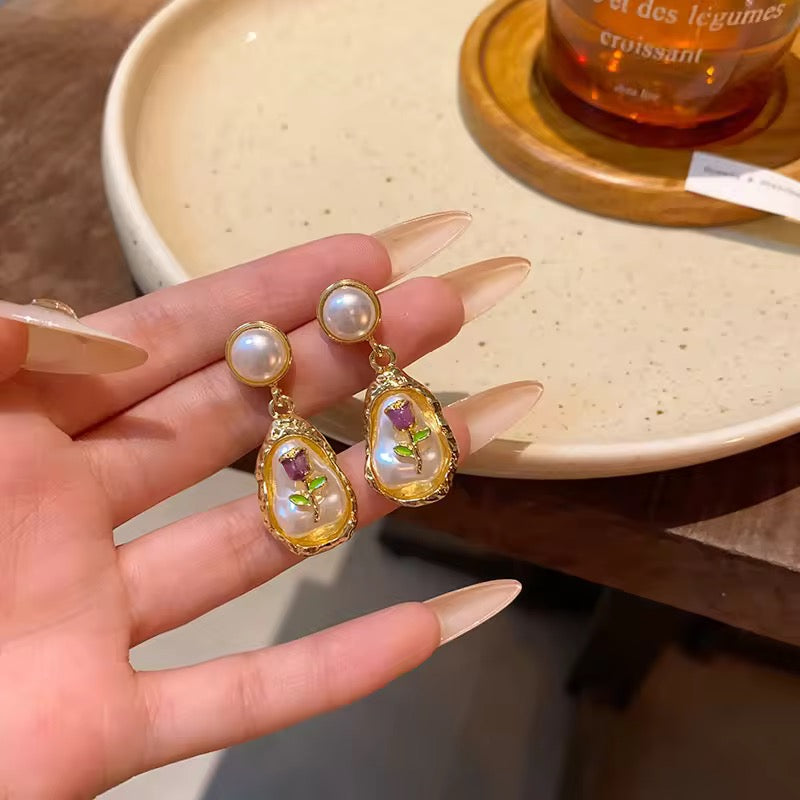 Vintage Flower Oil Painting Style Oval Enamel Baroque Pearl Earrings 2025 Hot Selling Women's Unique Drop Earrings