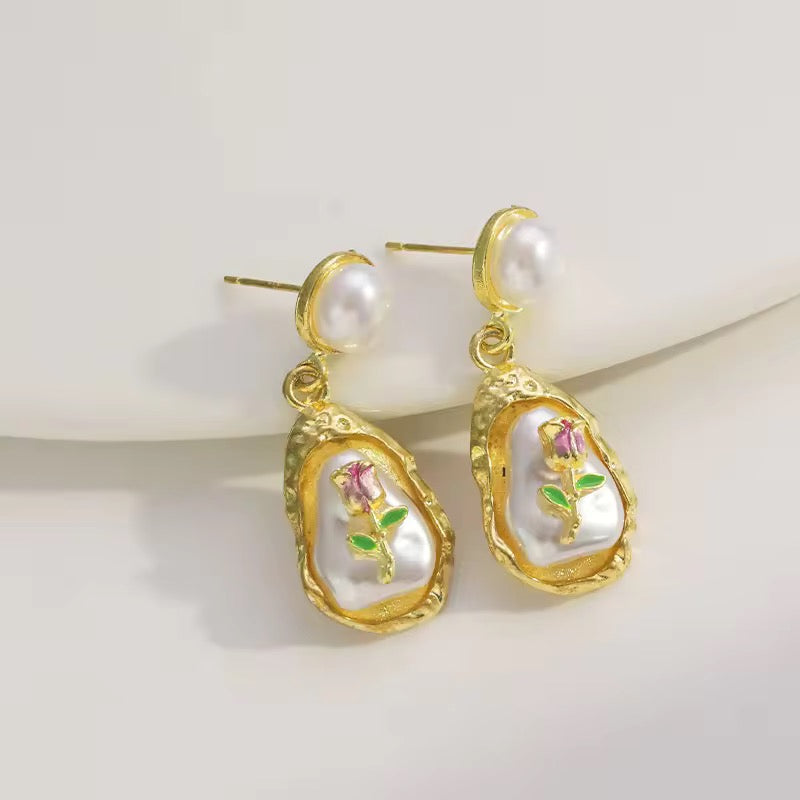 Vintage Flower Oil Painting Style Oval Enamel Baroque Pearl Earrings 2025 Hot Selling Women's Unique Drop Earrings